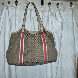 Coach Signature Brown Tote Bag with Red Accents